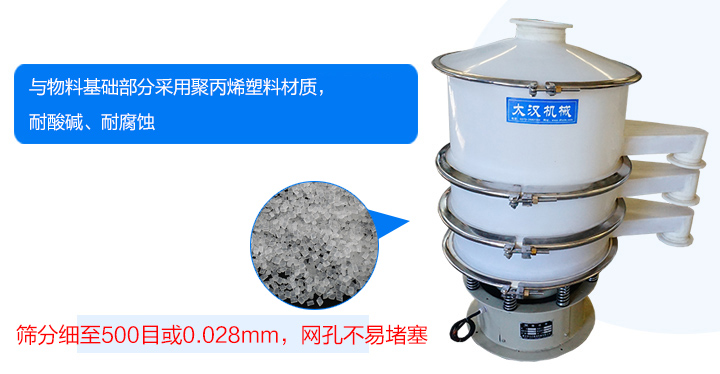 耐強(qiáng)酸、強(qiáng)堿腐蝕、物料不易變質(zhì)、不堵網(wǎng)、篩分效率高、使用壽命長(zhǎng)