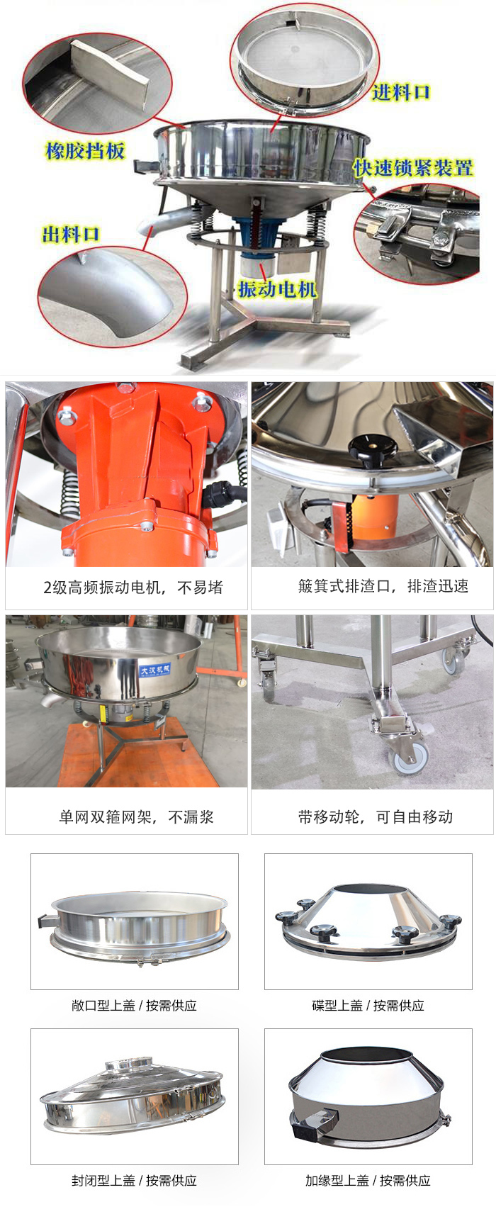 由高頻振動(dòng)電機(jī)、進(jìn)料口、出料口、篩網(wǎng)等部分組成