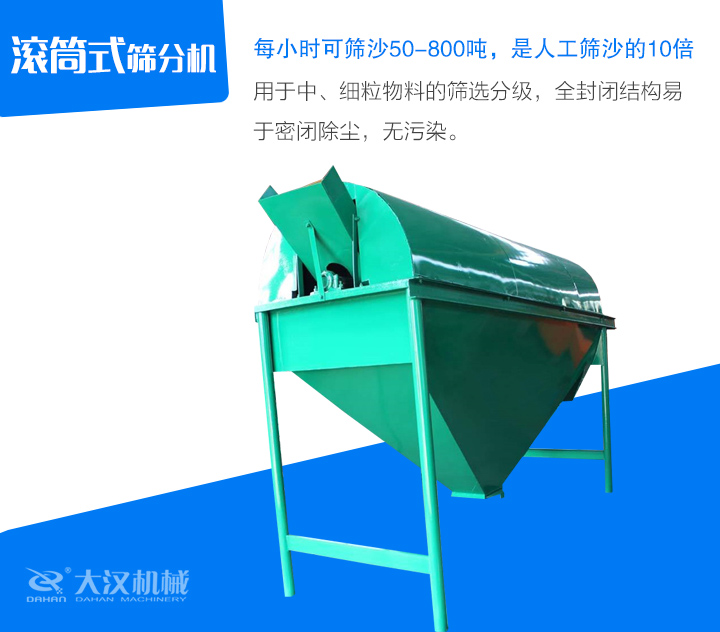 滾筒式篩分機(jī)用于中、細(xì)粒物料的篩選分級(jí)，全封閉結(jié)構(gòu)易 于密閉除塵，無污染。