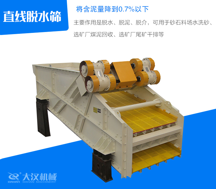 直線脫水篩主要作用是脫水、脫泥、脫介，可用于砂石料場水洗砂、 選礦廠煤泥回收、選礦廠尾礦干排等